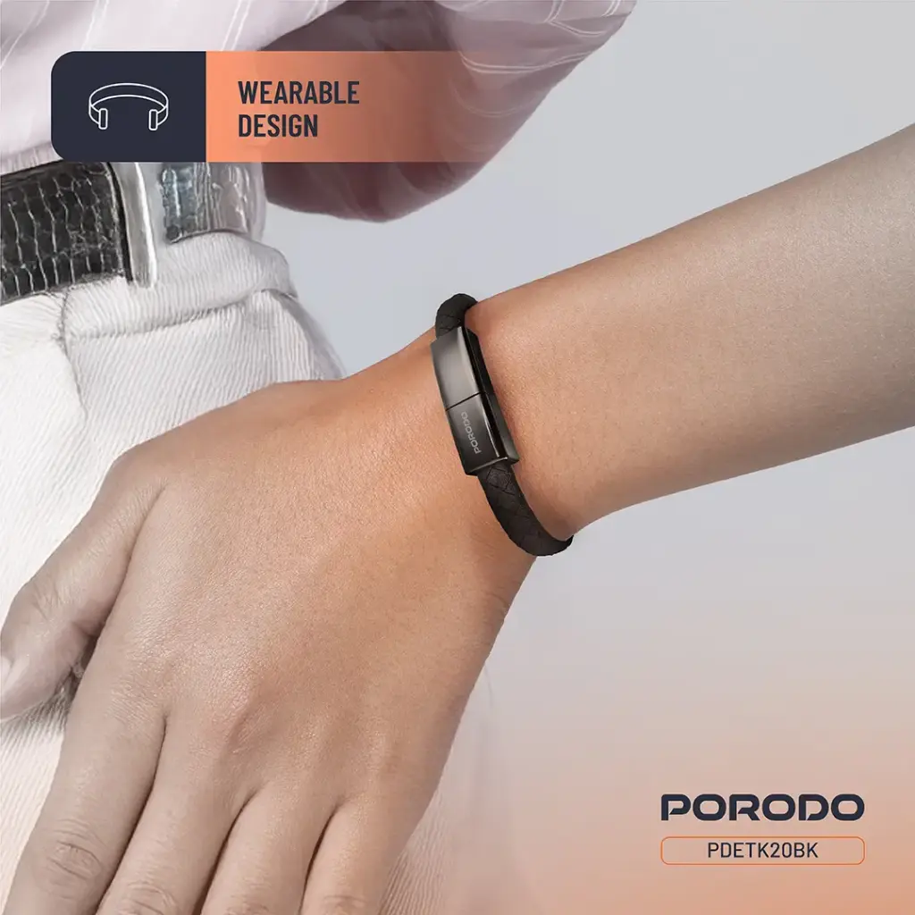 PORODO PD60W USB C TO USB C WRISTBAND MAGNETIC STEEL CLASP CABLE BLACK PDETK20BK - Image 8