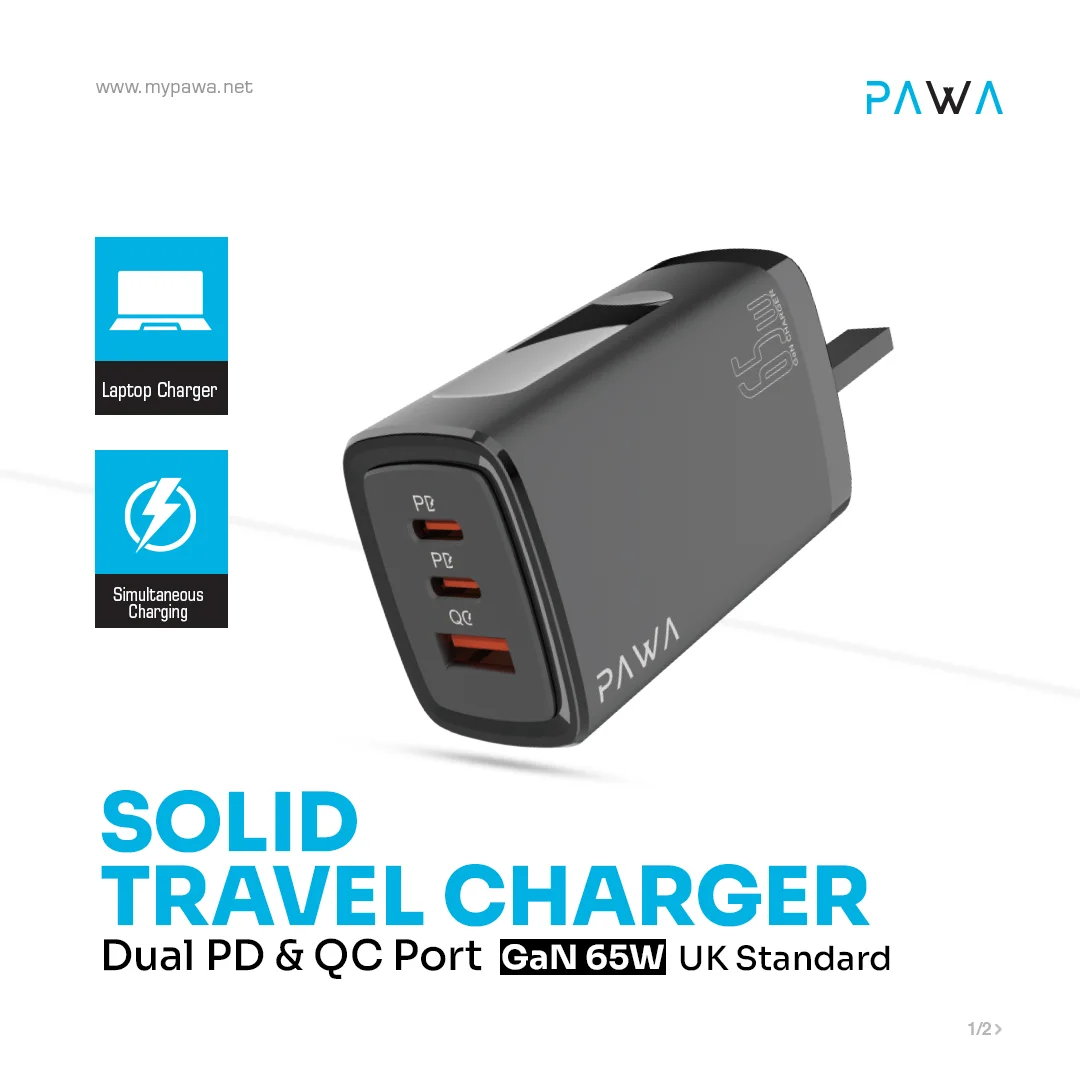PAWA SOLID TRAVEL DUAL PD AND QC PORT CHARGER GAN 65W UK BLACK PW-TA65PDUK-BK - Image 3
