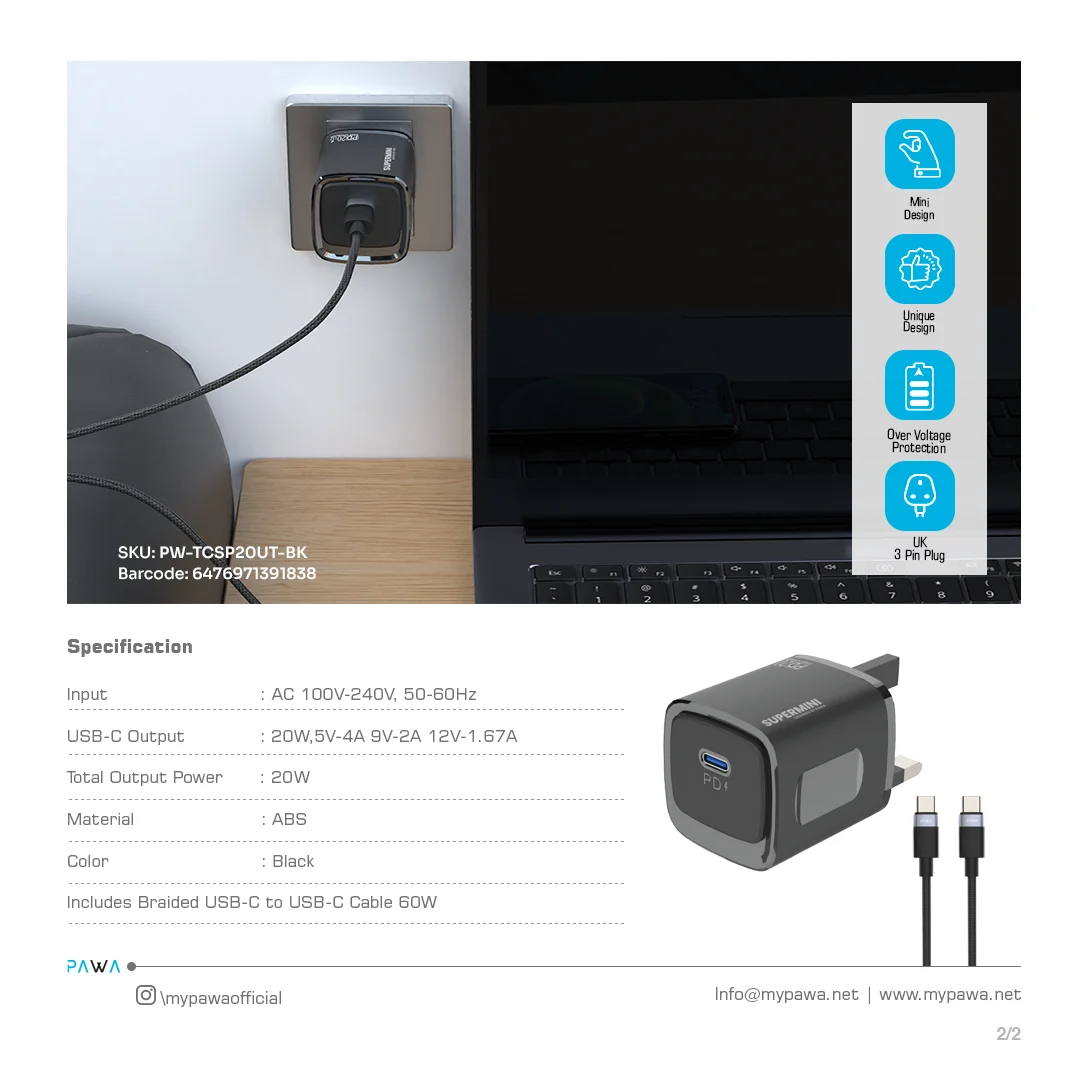 PAWA SUPERMINI TRAVEL CHARGER TYPE C PORT PD20 WITH BRAIDED TYPE C CABLE BLACK PW-TCSP20UT-BK - Image 4