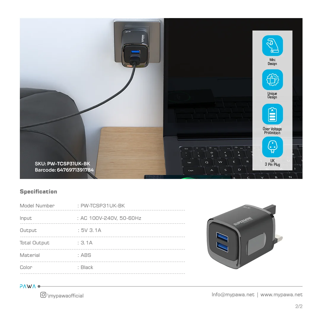 PAWA SUPERMINI TRAVEL CHARGER DUAL USB 3.1A BLACK PW-TCSP31UK-BK - Image 3
