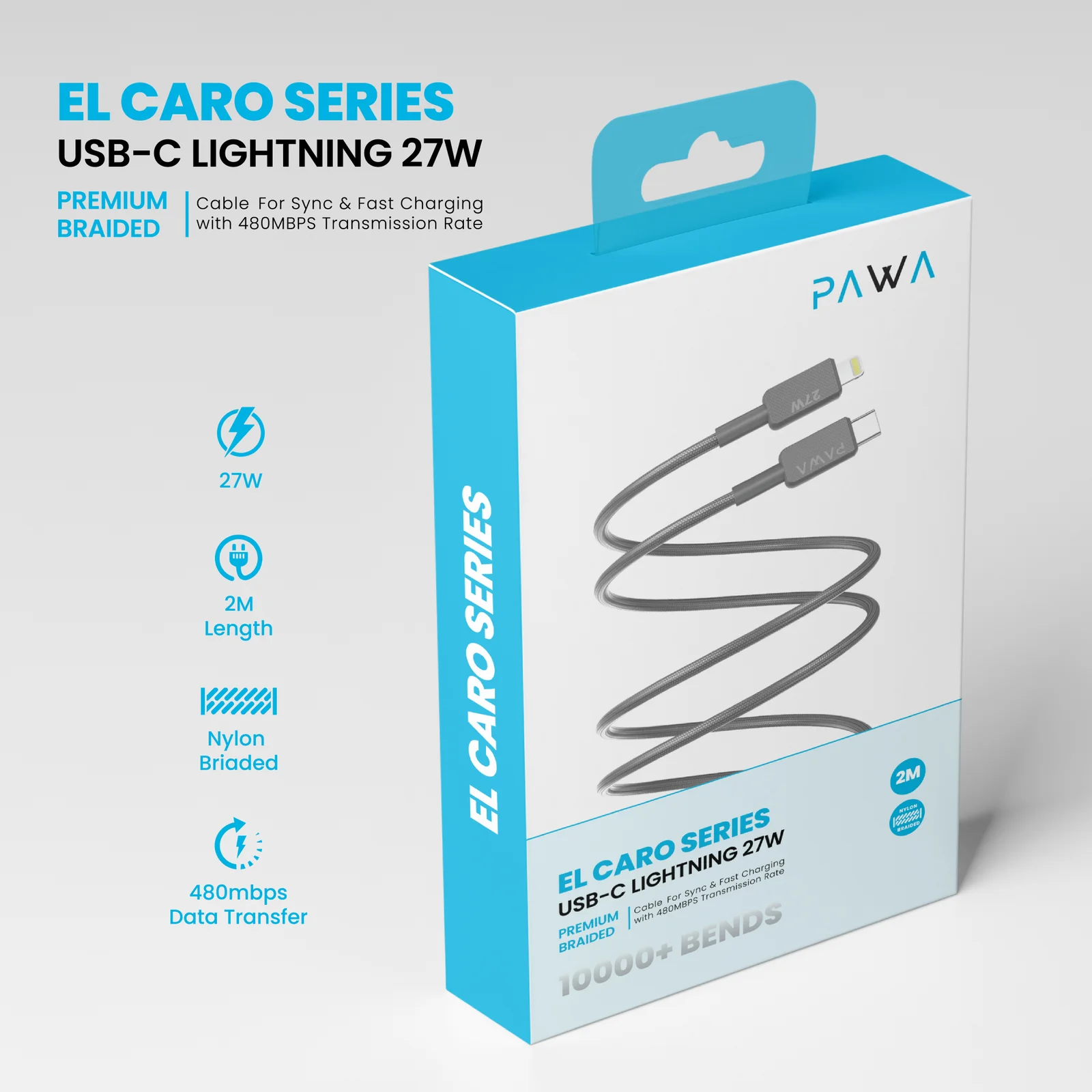 PAWA EL CARO SERIES USB C TO LIGHTNING 27W PREMIUM BRAIDED CABLE 2M GREY PW-20BD27CL-GY - Image 3
