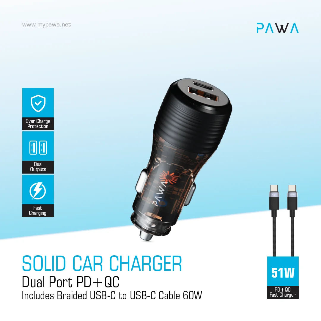 PAWA SOLID CAR CHARGER DUAL PORT PD+QC WITH BRAIDED USB C TO USB C CABLE 51W TRANSPARENT PW-CC51CA1T-TP - Image 3