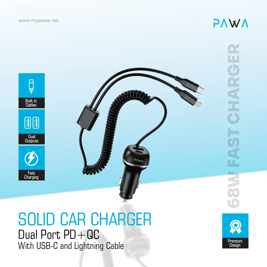PAWA SOLID CAR CHARGER DUAL PORT PD+QC WITH USB C AND LIGHTNING CABLE 68W BLACK PW-CC68INTL-BK - Image 4