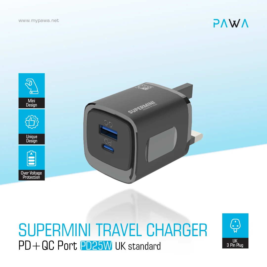 PAWA SUPERMINI TRAVEL CHARGER PD QC PORT 25W BLACK PW-TC25CUUK-BK - Image 3