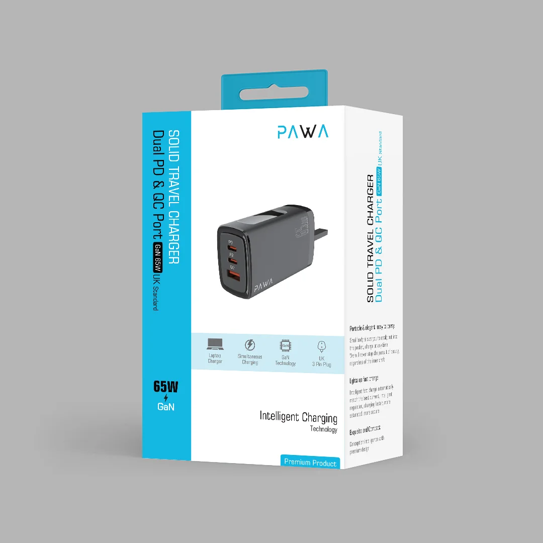 PAWA SOLID TRAVEL DUAL PD AND QC PORT CHARGER GAN 65W UK BLACK PW-TA65PDUK-BK - Image 5
