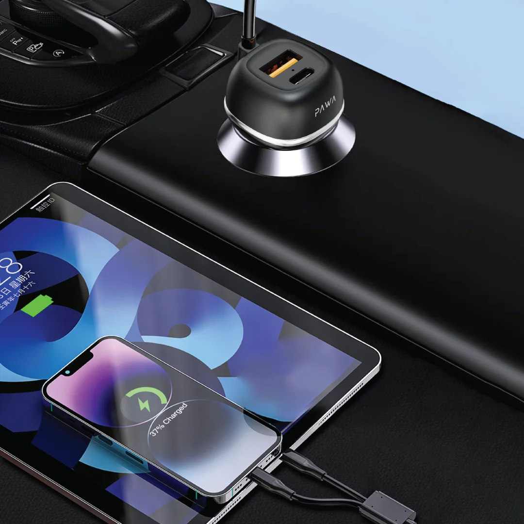 PAWA SOLID CAR CHARGER DUAL PORT PD+QC WITH USB C AND LIGHTNING CABLE 68W BLACK PW-CC68INTL-BK - Image 3