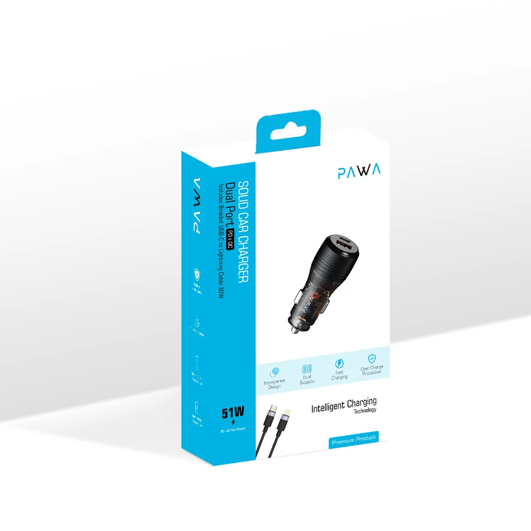 PAWA SOLID CAR CHARGER DUAL PORT PD+QC WITH BRAIDED USB C TO LIGHTNING CABLE 51W TRANSPARENT PW-CC51CA1L-TP - Image 5