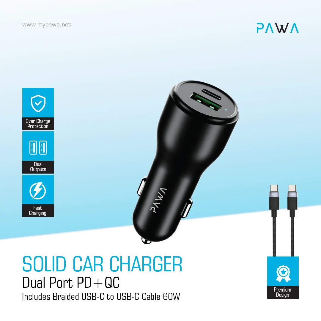 PAWA SOLID CAR CHARGER DUAL PORT PD+QC WITH BRAIDED USB C TO USB C CABLE 51W BLACK PW-CC51CA5T-BK - Image 3