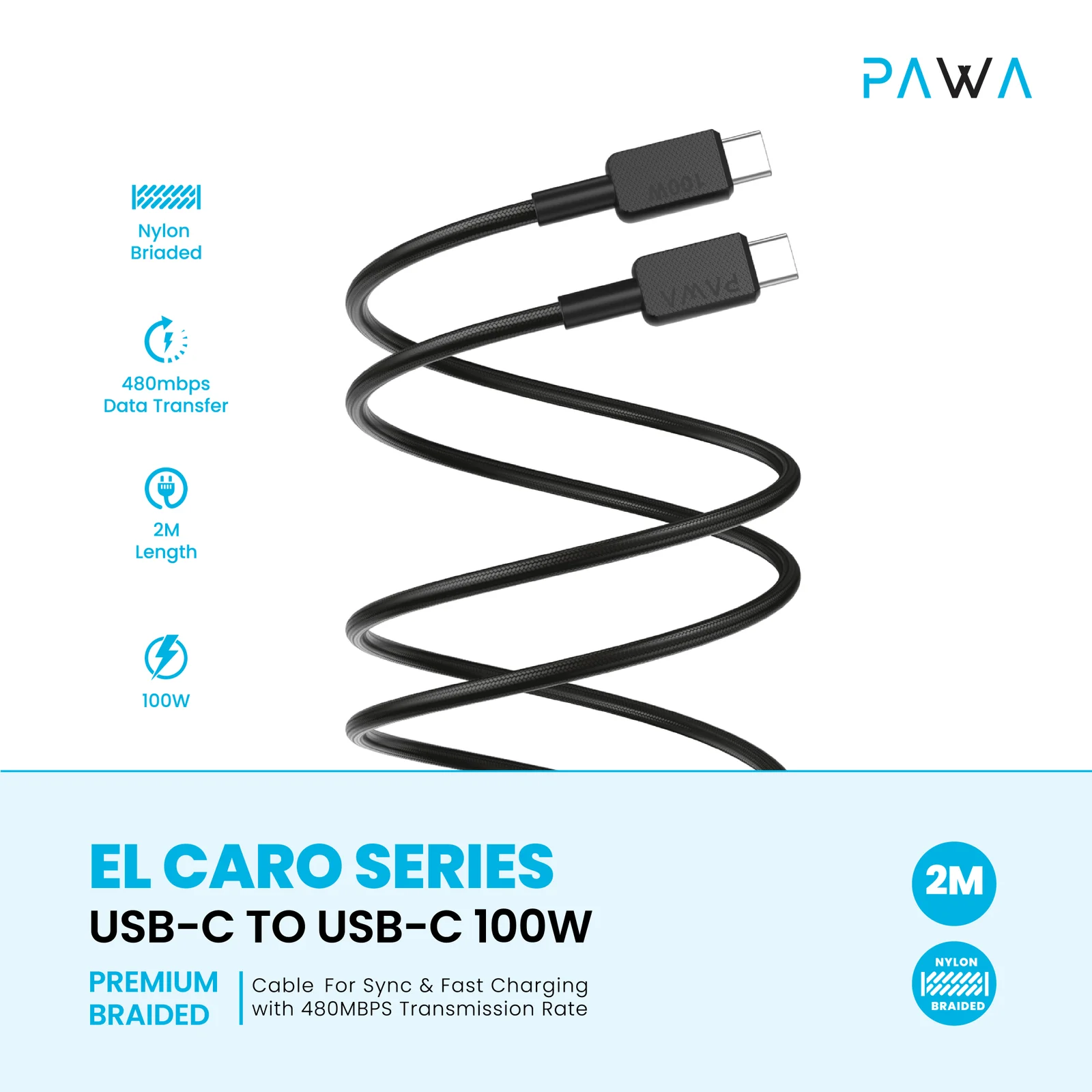 PAWA EL CARO SERIES USB C TO USB C 100W PREMIUM BRAIDED CABLE 2M BLACK PW-20B100CC-BK - Image 3