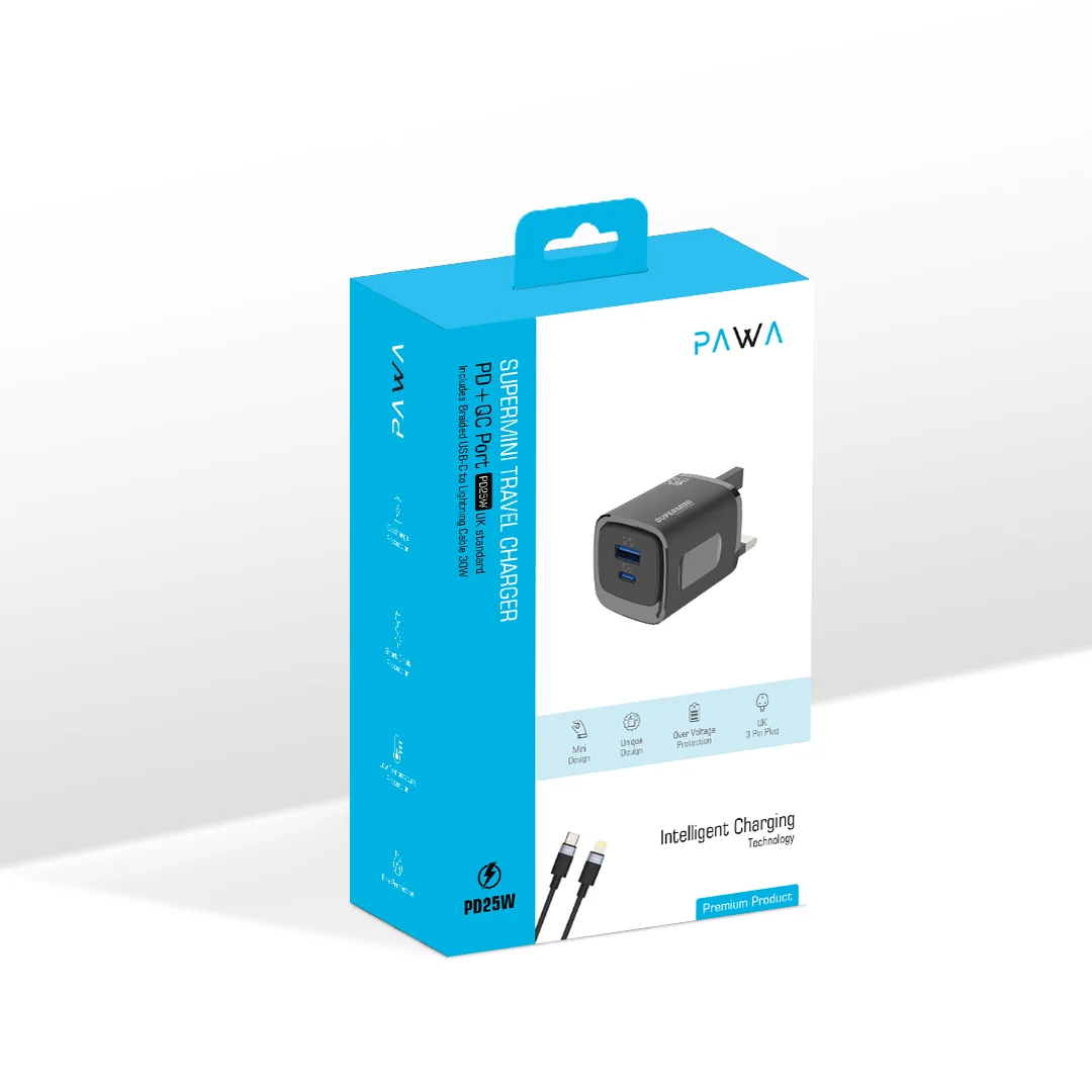 PAWA SUPERMINI TRAVEL CHARGER PD QC PORT 25W WITH BRAIDED LIGHTNING CABLE BLACK PW-TC25CUUL-BK - Image 5