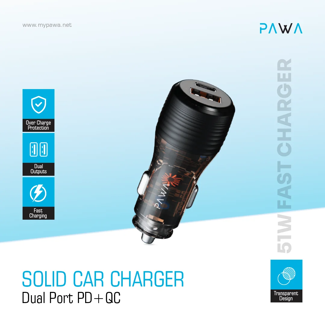PAWA SOLID CAR CHARGER DUAL PORT PD+QC 51W TRANSPARENT PW-CC51WCA1-TP - Image 3