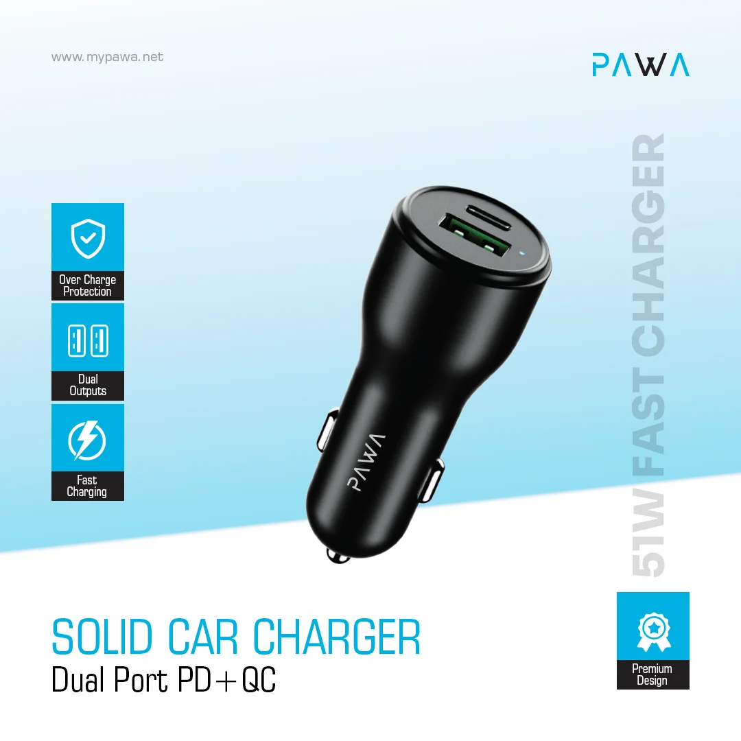 PAWA SOLID CAR CHARGER DUAL PORT PD+QC 51W BLACK PW-CC51WCA5-BK - Image 5