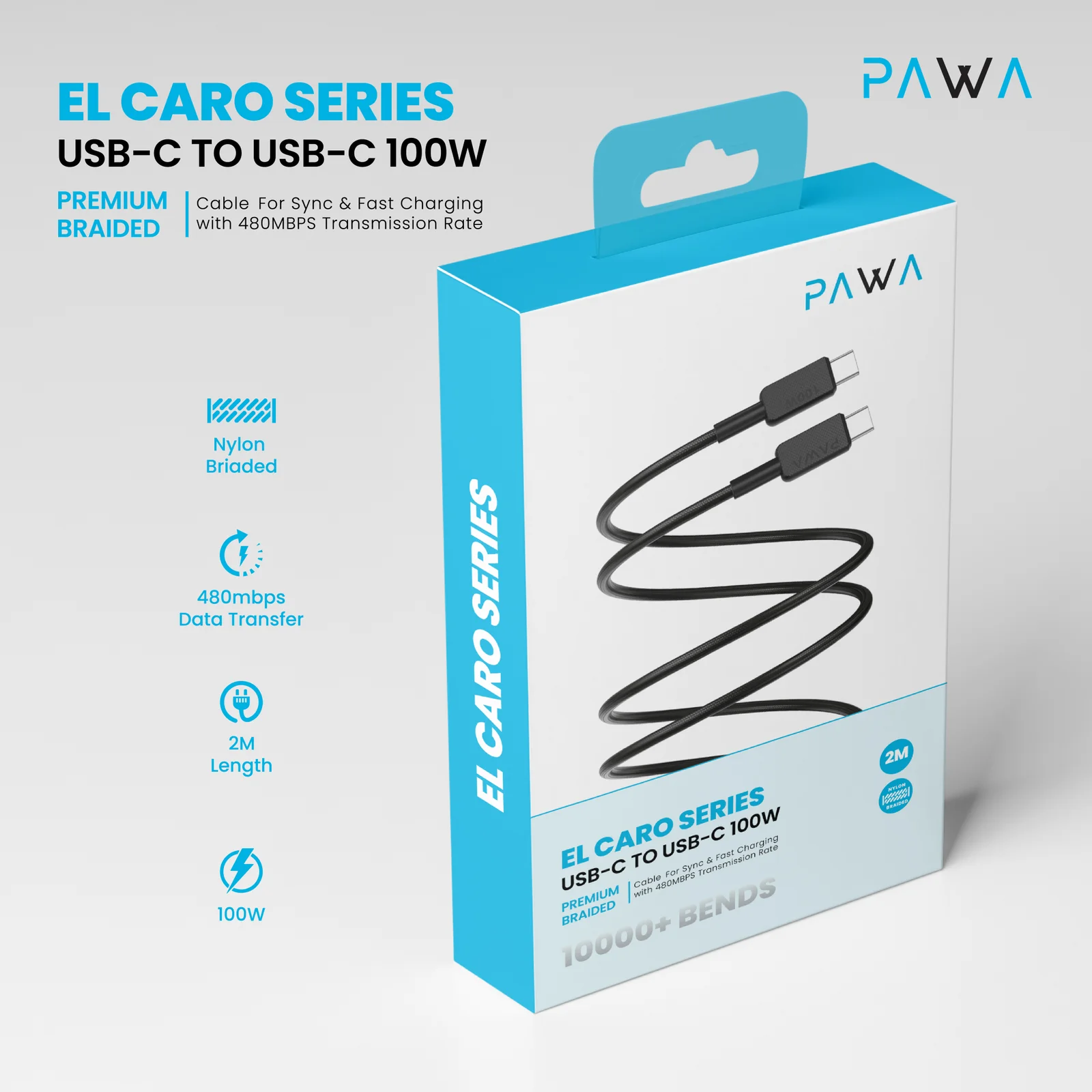 PAWA EL CARO SERIES USB C TO USB C 100W PREMIUM BRAIDED CABLE 2M BLACK PW-20B100CC-BK - Image 4