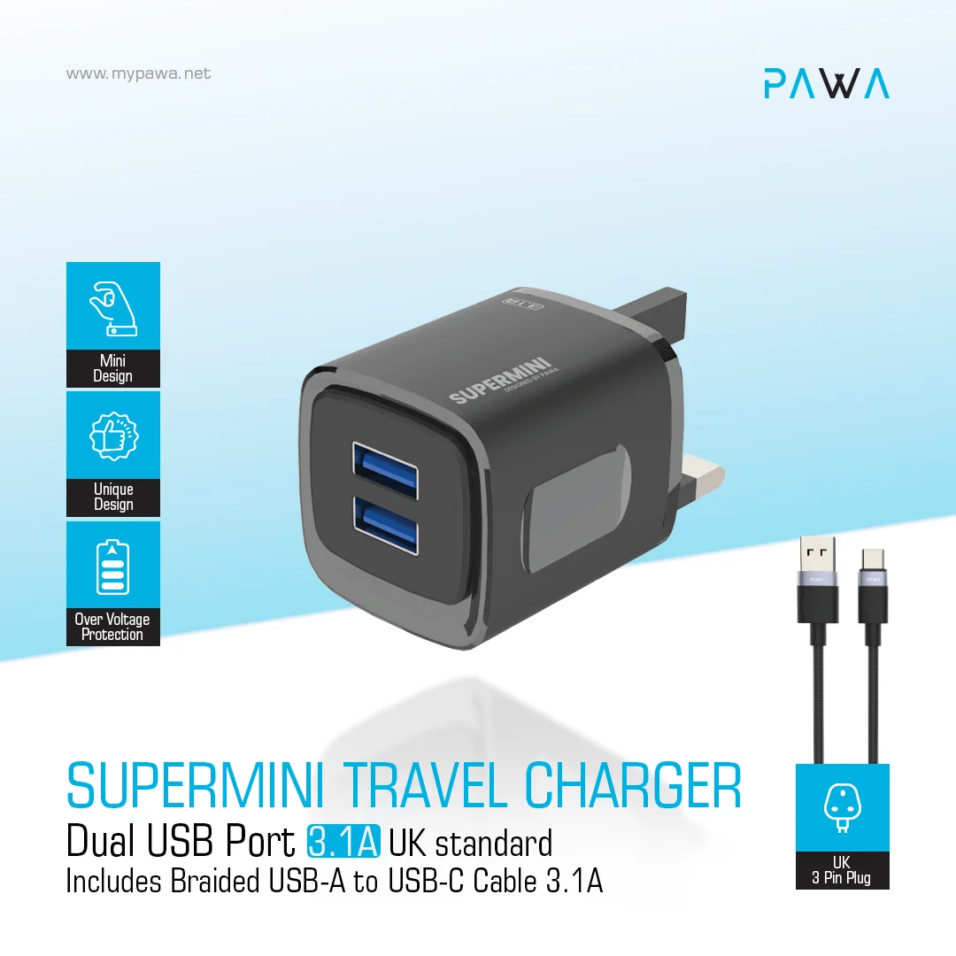 PAWA SUPERMINI TRAVEL CHARGER DUAL USB 3.1A WITH BRAIDED TYPE C CABLE BLACK PW-TCSP3UKT-BK - Image 3