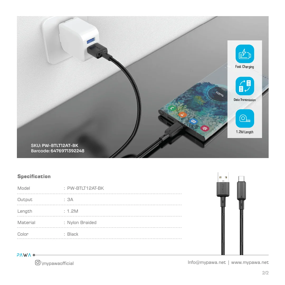 PAWA 3A USB A TO TYPE C QUICK CHARGING BRAIDED CABLE 1.2M PW122 BLACK PW-BTLT12AT-BK - Image 4