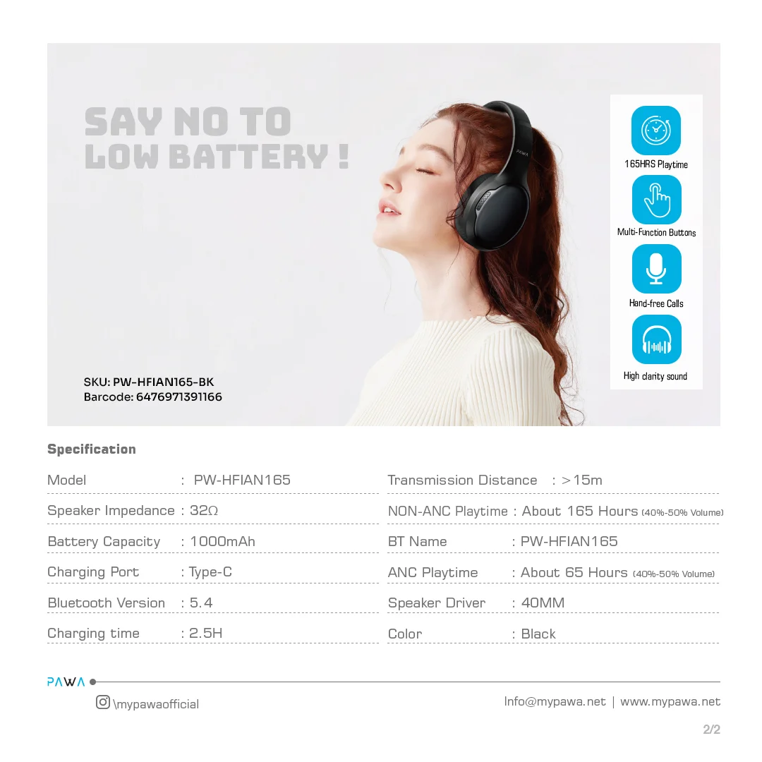 PAWA INFINITE ANC WIRELESS NOISE CANCELLING HEADPHONE BLACK PW-HFIAN165-BK - Image 4