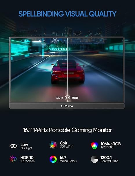 ARZOPA 16 INCH ULTRA SLIM 144HZ FHD 1080P GAMING MONITOR BLACK Z1FC - Image 4