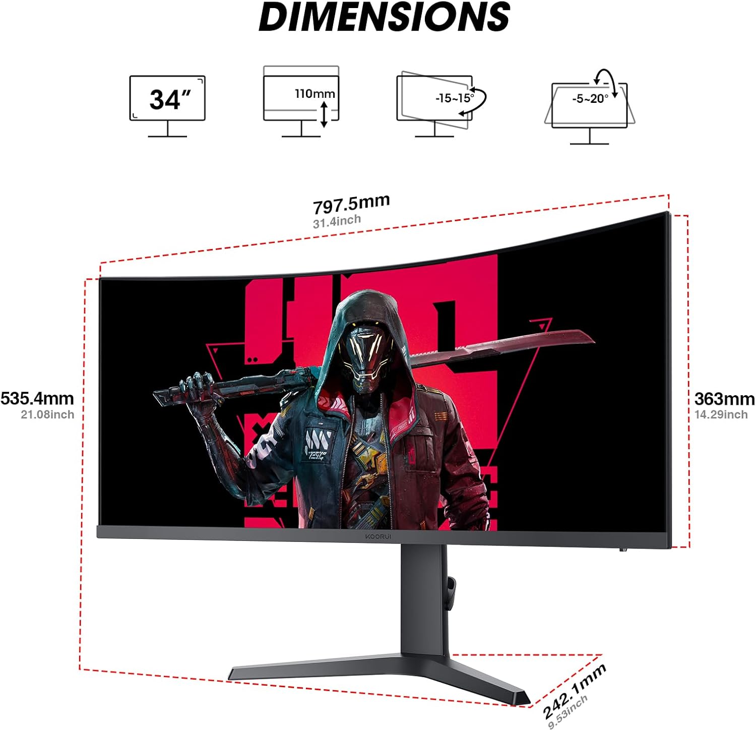 KOORUI 34 INCH UHD 3440X1440 240HZ 1MS VA PANEL GAMING MONITOR G3441XC - Image 8