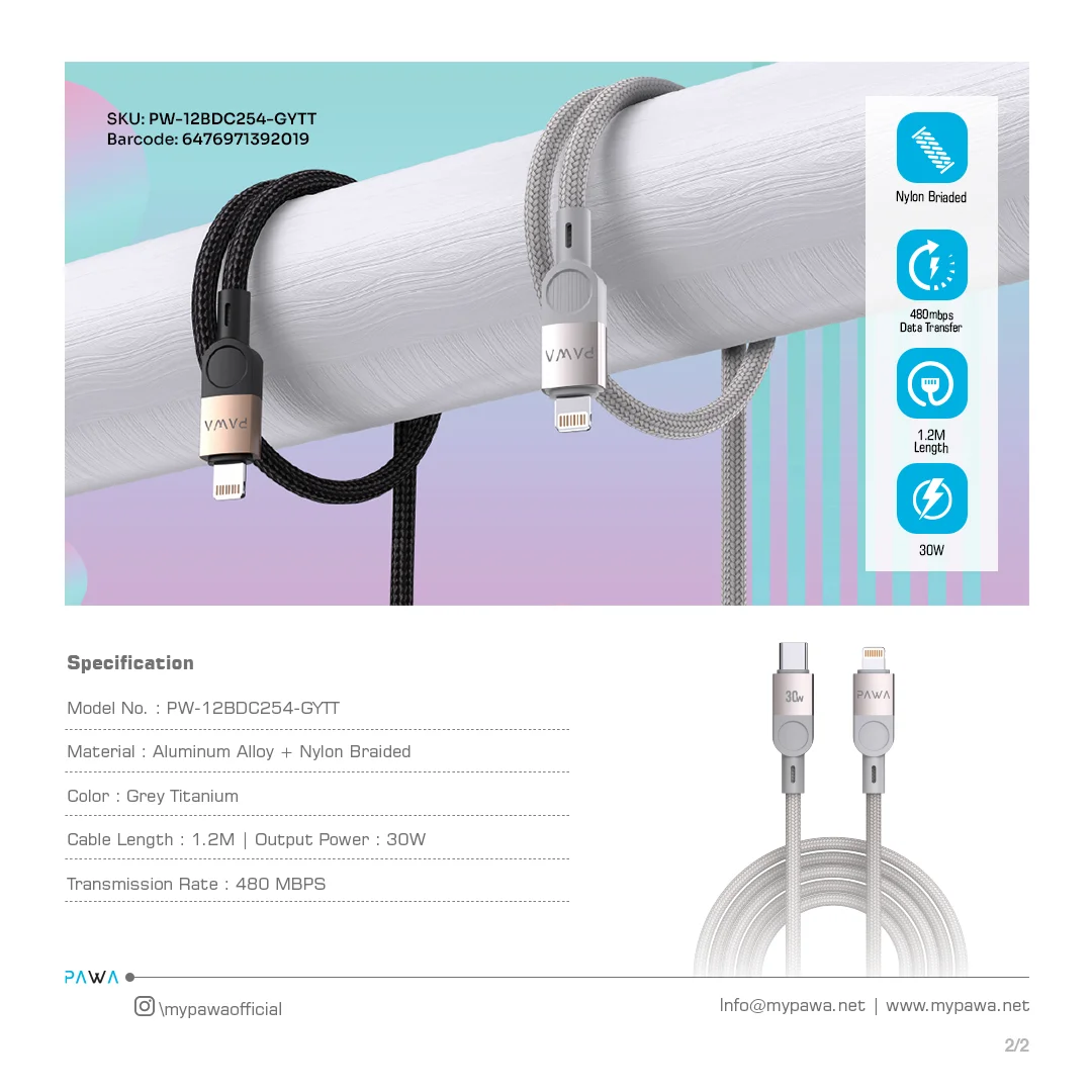 PAWA LEVIN USB C TO LIGHTNING BRAIDED CABLE 1.2M 30W GREY TITANIUM PW-12BDC254-GYTT - Image 4