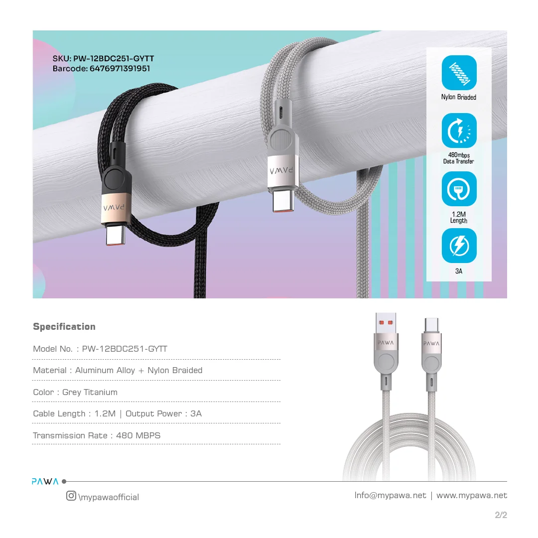 PAWA LEVIN USB A TO TYPE C 3.1A BRAIDED CABLE 1.2M GREY TITANIUM PW-12BDC251-GYTT - Image 4