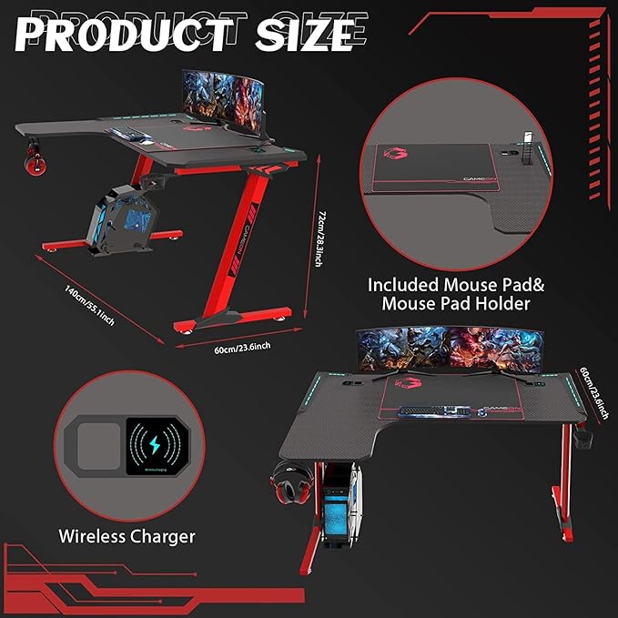 GAMEON PHANTOM XL-L SERIES L-SHAPED RGB FLOWING LIGHT GAMING DESK GO-PHANTOMXL-L - Image 7