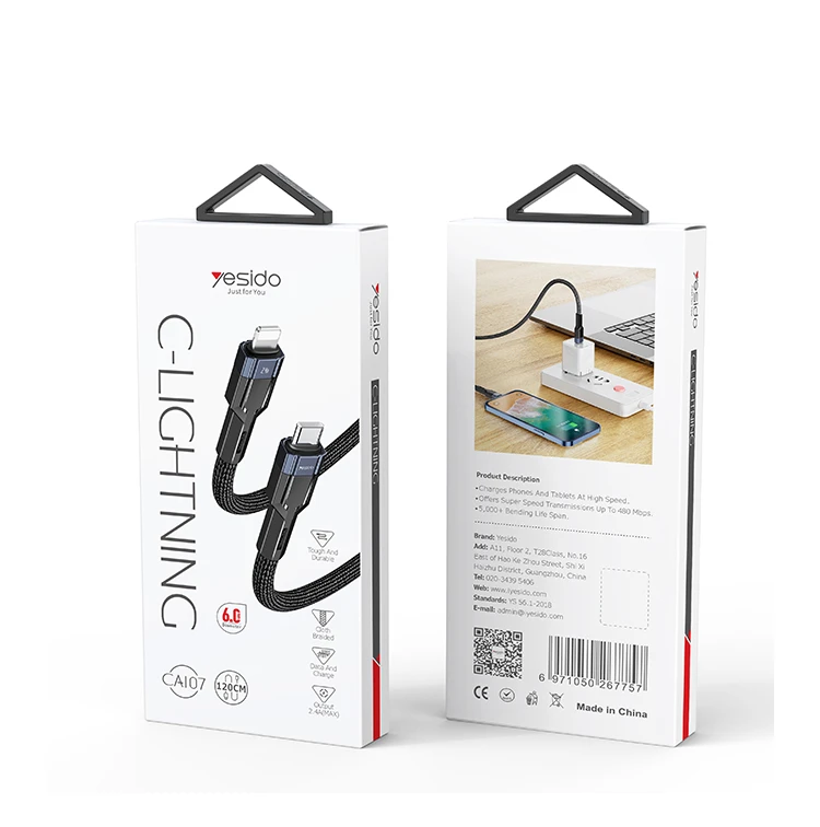 YESIDO USB-C TO LIGHTNING CABLE 1.2M BLACK CA107 - Image 2