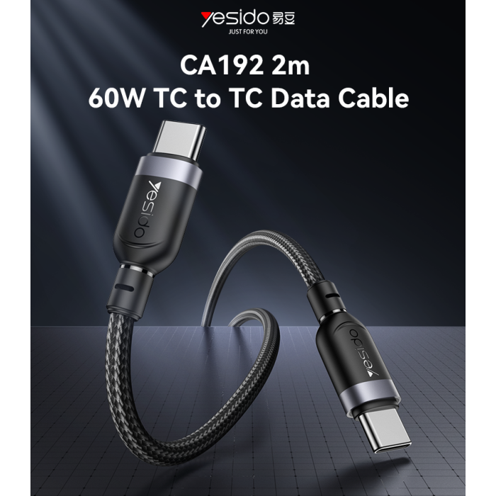 YESIDO 60W USB-C TO USB-C CABLE 2M BLACK CA192 - Image 2