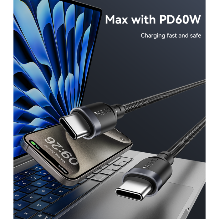 YESIDO 60W USB-C TO USB-C CABLE 2M BLACK CA192 - Image 4