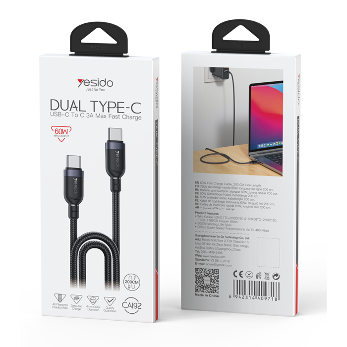 YESIDO 60W USB-C TO USB-C CABLE 2M BLACK CA192 - Image 5