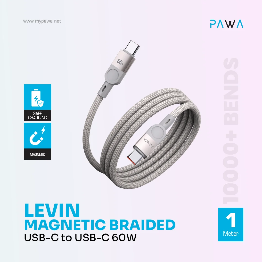 PAWA LEVIN MAGNETIC BRAIDED USB C TO USB C 60W CABLE 1M GREY TITANIUM PW-12BDM251-GYTT - Image 3