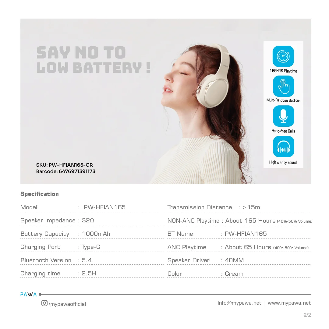 PAWA INFINITE ANC WIRELESS NOISE CANCELLING HEADPHONE CREAM PW-HFIAN165-CR - Image 4