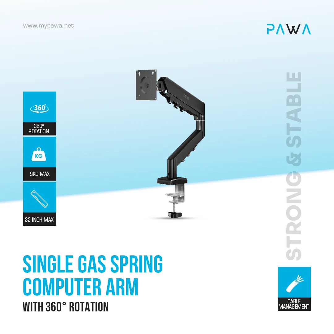 PAWA SINGLE GAS SPRING COMPUTER ARM WITH 360 DEGREE ROTATION BLACK PW-CASGSM52-BK - Image 4