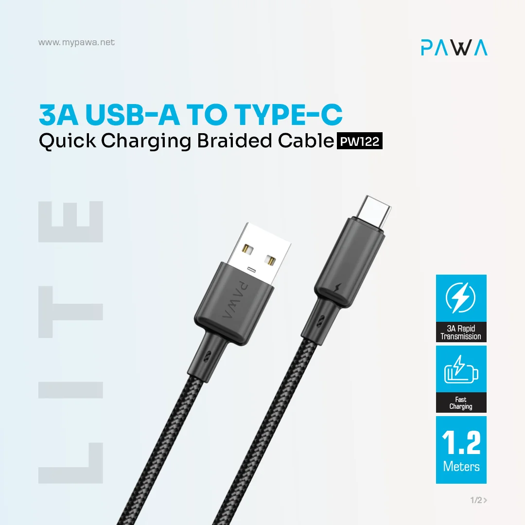 PAWA 3A USB A TO TYPE C QUICK CHARGING BRAIDED CABLE 1.2M PW122 BLACK PW-BTLT12AT-BK - Image 3