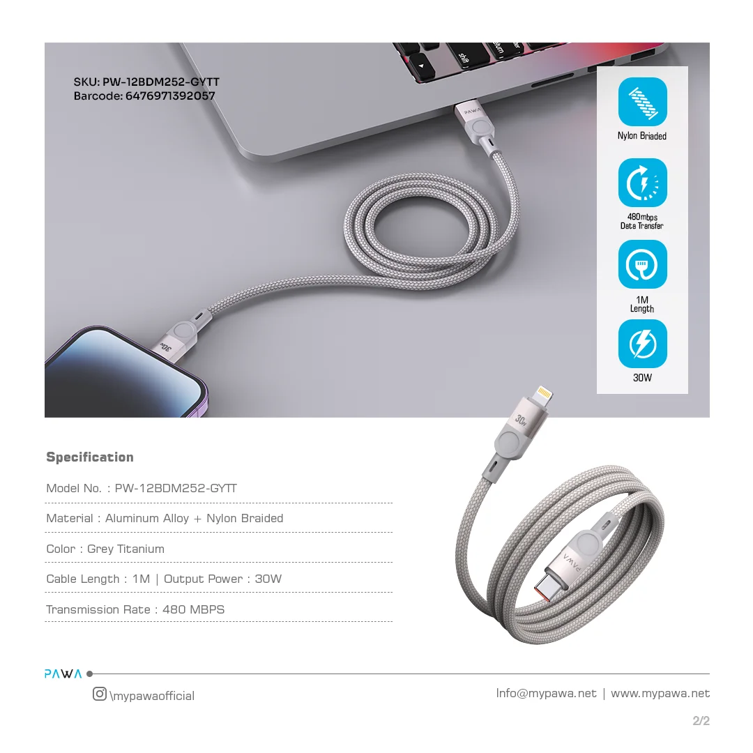 PAWA LEVIN MAGNETIC BRAIDED USB C TO LIGHTNING 30W CABLE 1M GREY TITANIUM PW-12BDM252-GYTT - Image 4