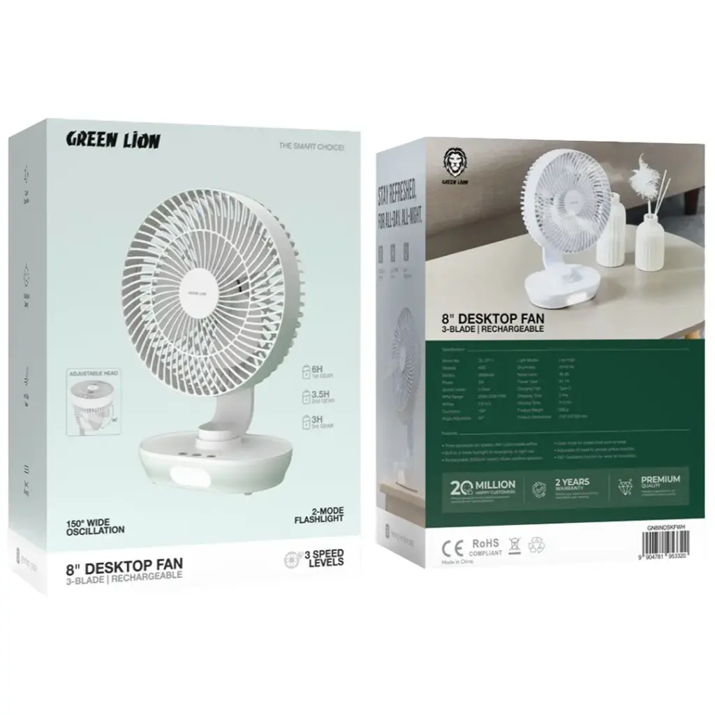 GREEN LION 8 INCH DESKTOP FAN RECHARGEABLE WHITE GN8INDSKFWH - Image 2