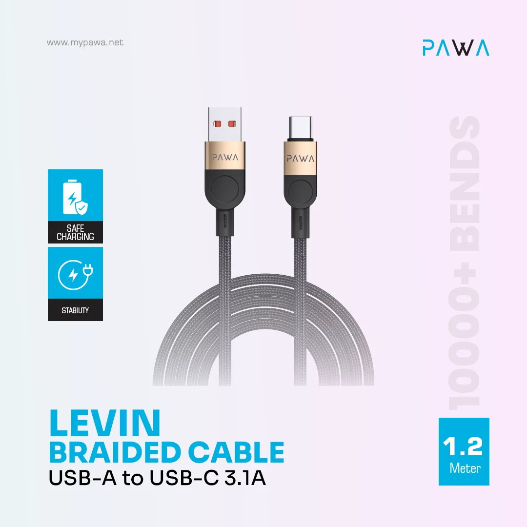 PAWA LEVIN USB A TO TYPE C 3.1A BRAIDED CABLE 1.2M DESERT BLACK PW-12BDC251-DTBK - Image 3
