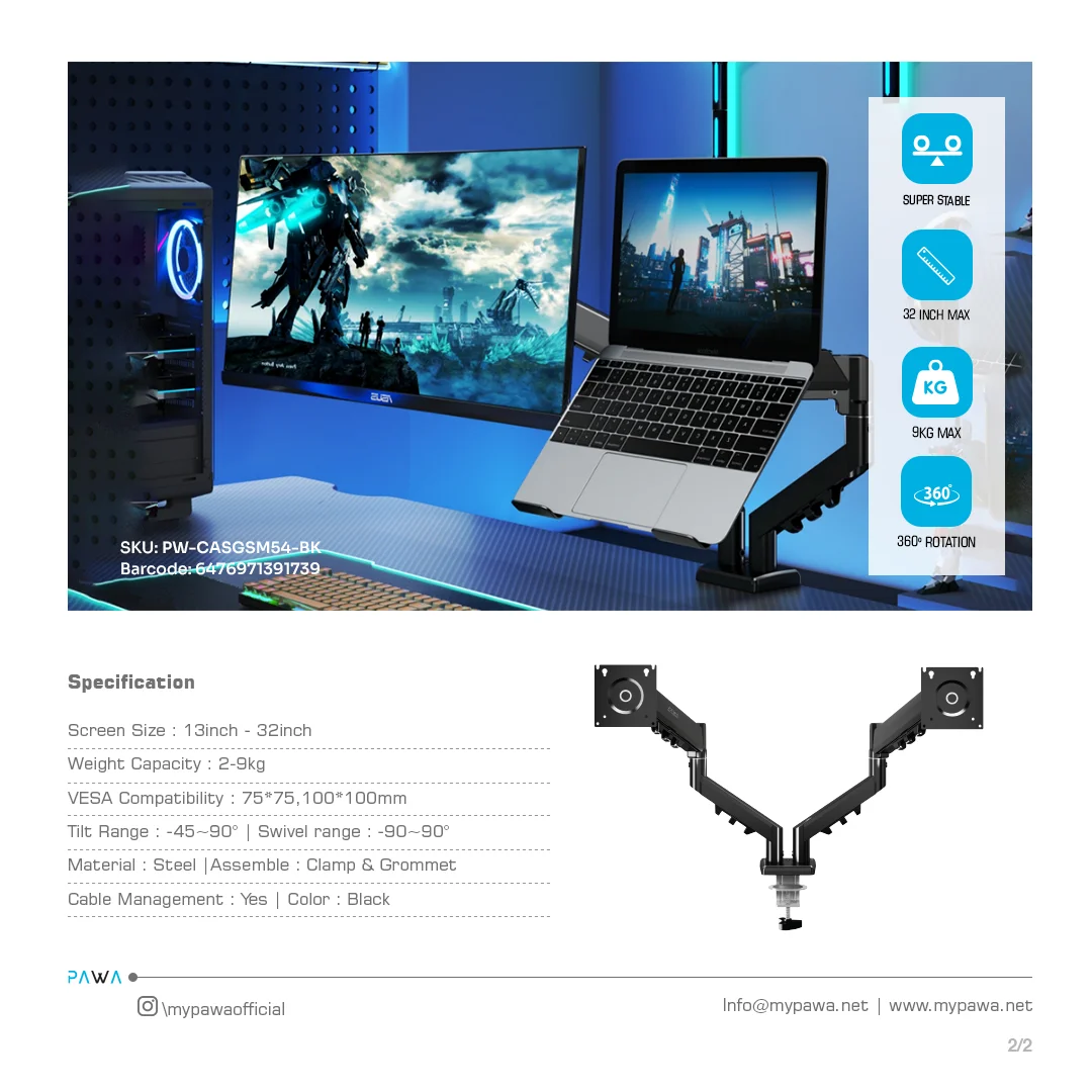 PAWA DOUBLE GAS SPRING COMPUTER ARM WITH 360 DEGREE ROTATION BLACK PW-CASGSM54-BK - Image 5