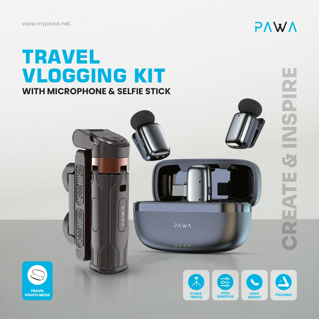 PAWA TRAVEL VLOGGING KIT WITH MICROPHONE AND SELFIE STICK BLACK PW-SLST6015 - Image 6