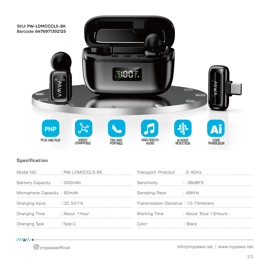 PAWA MIKE M6 MICROPHONE WITH AI VOICE TRANSLATOR BLACK PW-LDMCCCL5-BK - Image 5