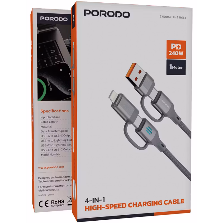 PORODO 4 IN 1 HIGH SPEED CHARGING CABLE PD 240W GREY PDCDCGY - Image 6