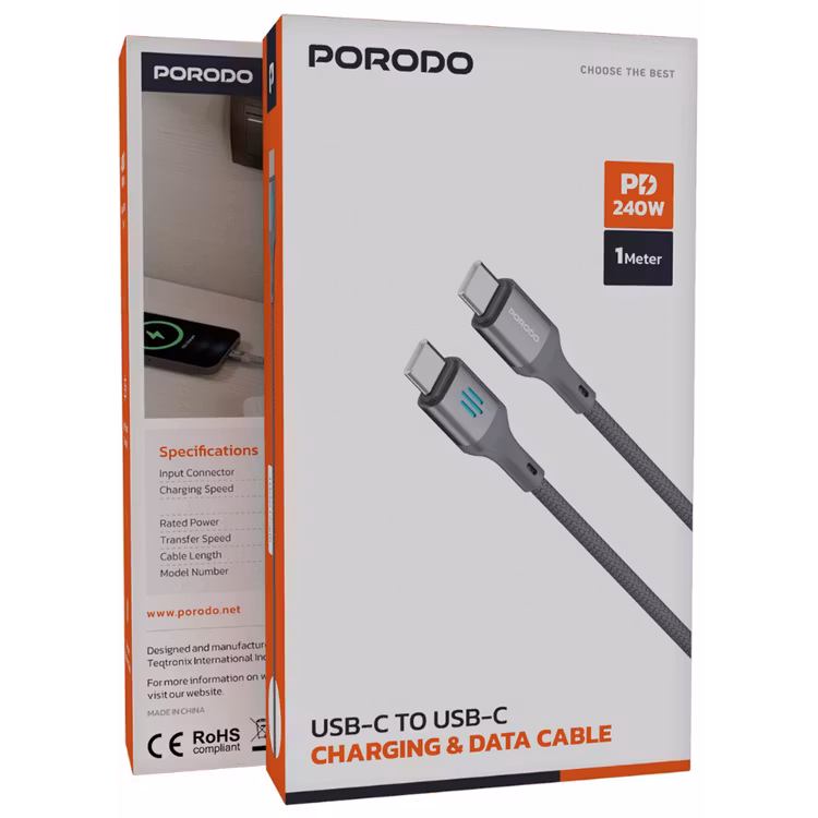 PORODO USB C TO USB C PD240W CHARGING DATA CABLE 1M GREY PDDC240GY - Image 2