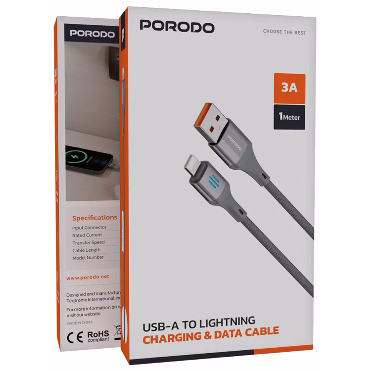 PORODO USB A TO LIGHTNING CHARGING DATA CABLE 1M GREY PDDC97GY - Image 4