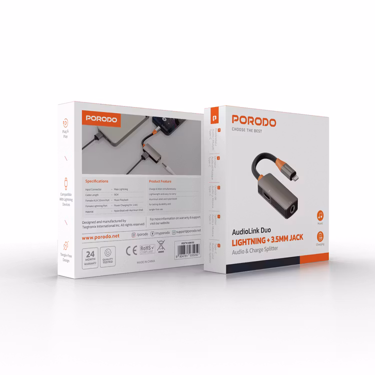 PORODO AUDIOLINK DUO LIGHTNINIG + 3.5MM JACK AUDIO AND CHARGE SPLITTER BLACK ORANGE PDETK14BKOG - Image 3