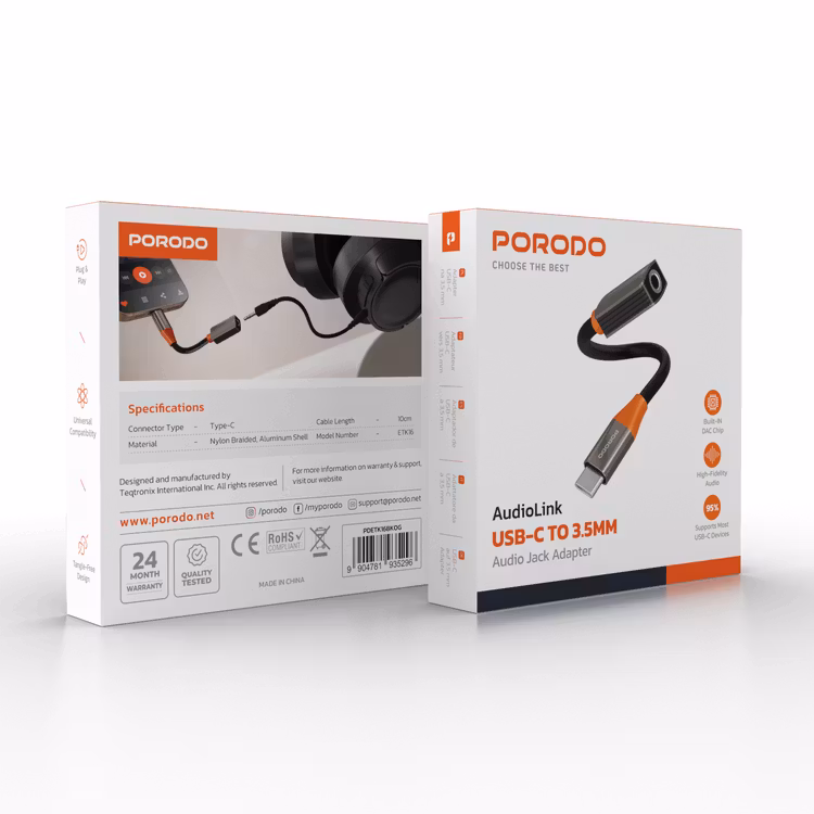 PORODO AUDIOLINK USB C TO 3.5MM AUDIO JACK ADAPTER BLACK ORANGE PDETK16BKOG - Image 3