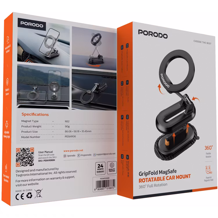 PORODO GRIPFOLD MAGSAFE ROTATABLE CAR MOUNT 360 DEGREE FULL ROTATION BLACK PDSKR06BK - Image 10