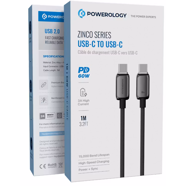 POWEROLOGY ZINCO SERIES USB C TO USB C PD60W CHARGING CABLE 1M GRAY PWDC60DGY - Image 5
