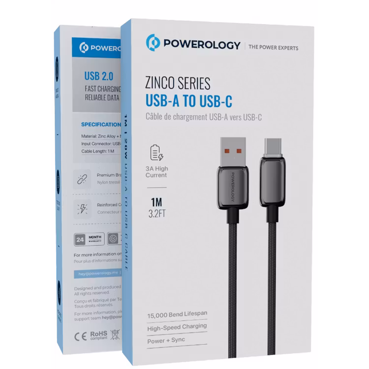 POWEROLOGY ZINCO SERIES USB A TO USB C CHARGING CABLE 1M DARK GREY PWDC99DGY - Image 3