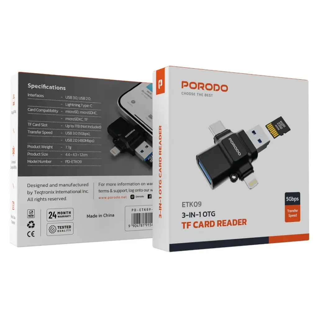 PORODO 4 IN 1 USB 3.0 OTG ADAPTER TF CARD READER BLACK PD-ETK09-BK - Image 2