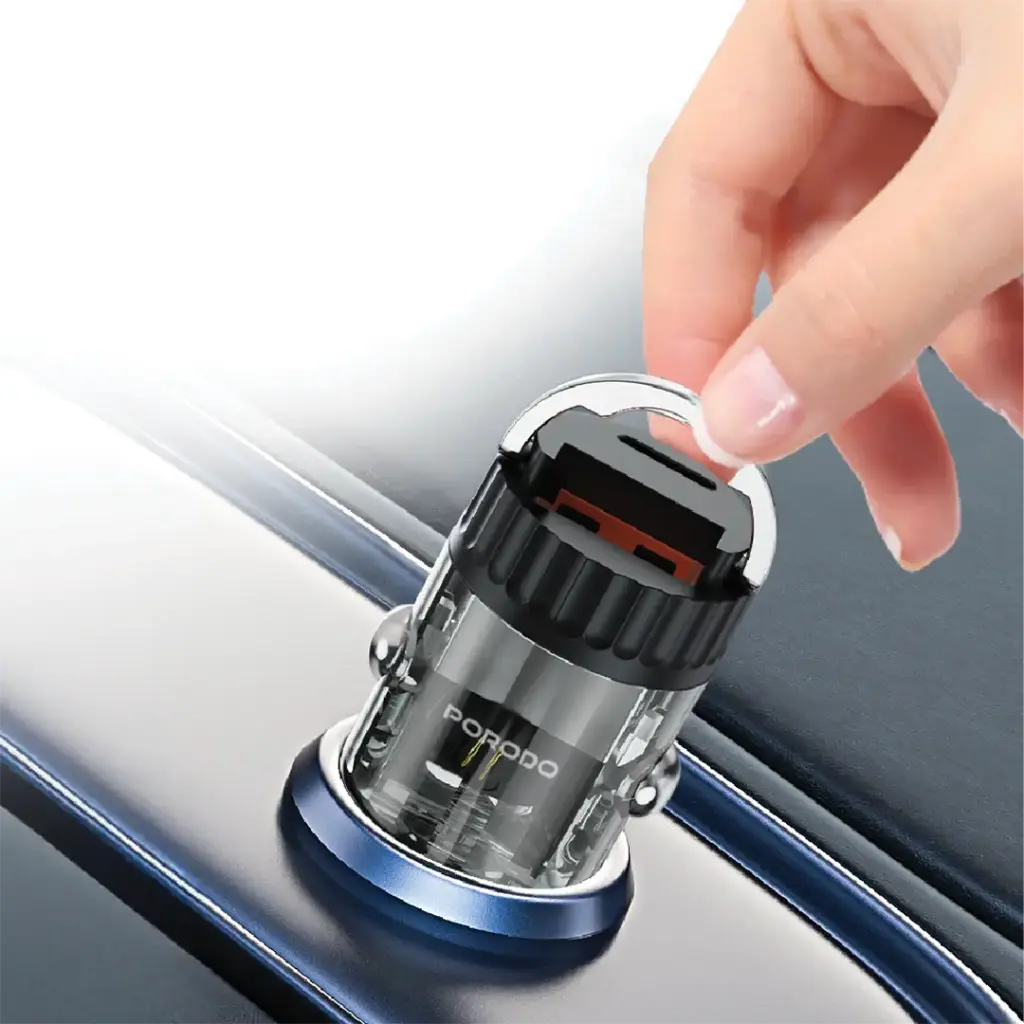 PORODO DUAL PORT TRANSPARENT CAR CHARGER WITH PULL RING HOLDER BLACK WITH USB C TO LIGHTNING CABLE PDFWCH086CBK - Image 2