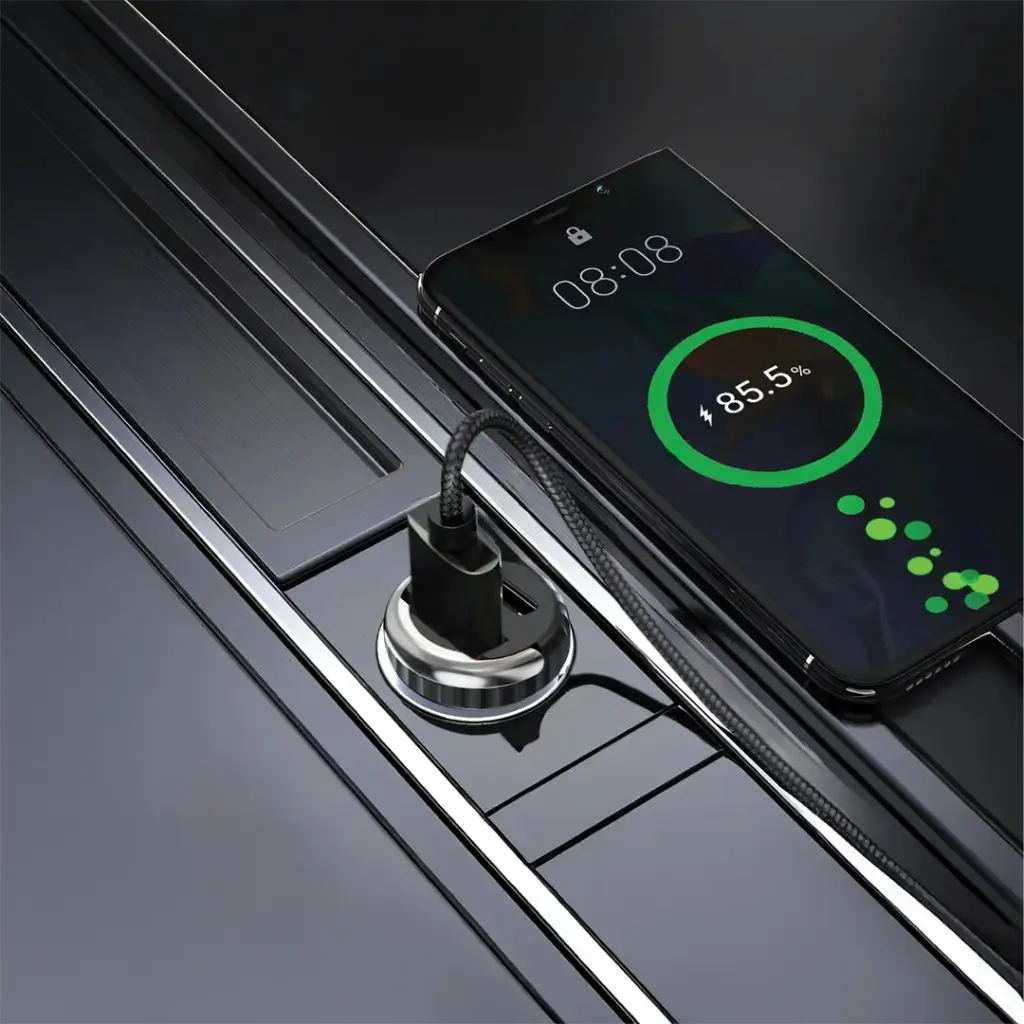 PORODO DUAL PORT TRANSPARENT CAR CHARGER WITH PULL RING HOLDER BLACK WITH USB C TO LIGHTNING CABLE PDFWCH086CBK - Image 4